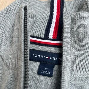 Tommy Hilfiger Men’s Gray Zip-Up Sweater with Red-White-Navy Trim